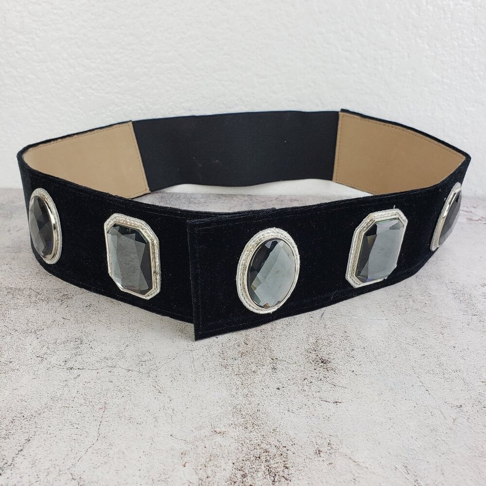 Chico's Velvet Corset Wide Belt Black Crystal Gemstone Rhinestone Embellished M
